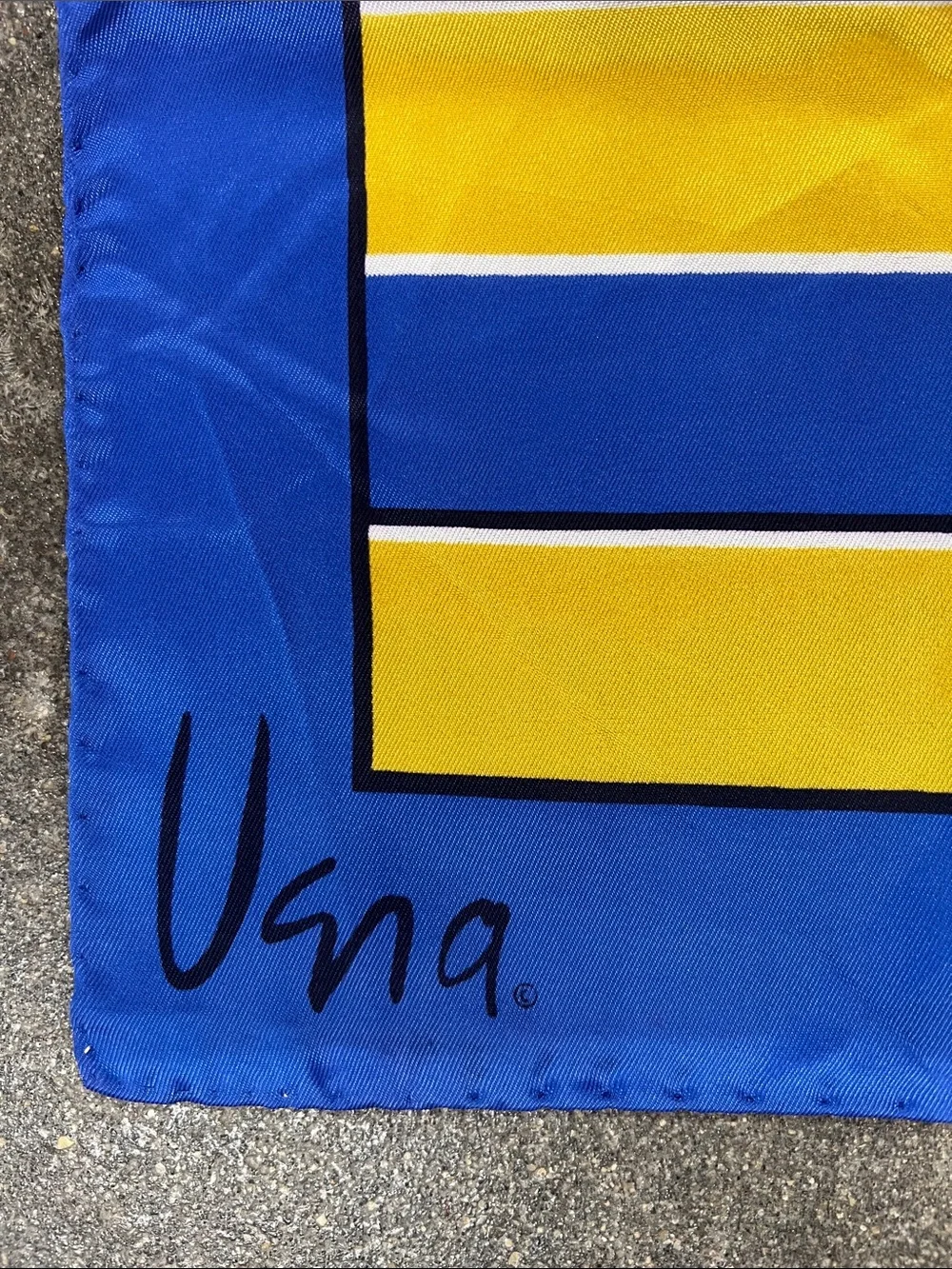 Vintage Vera Neumann blue / gold scarf 100% acetate made in Italy large logo